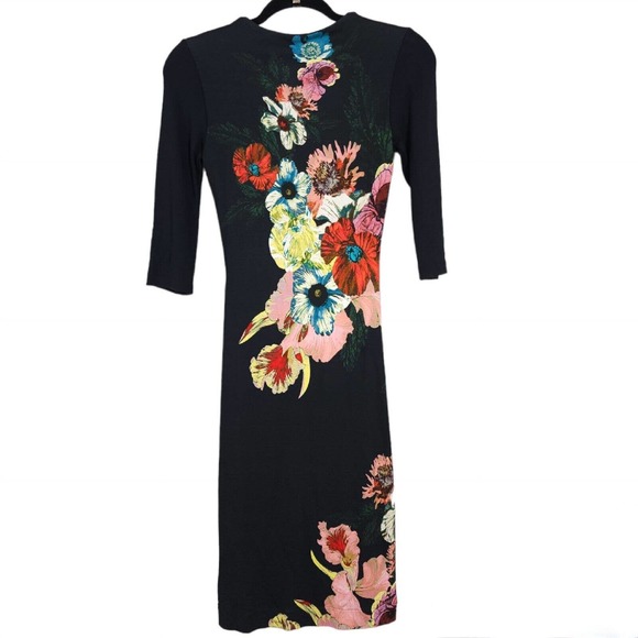 Erdem Womens Dress Allegra Red Black Floral 3/4 Sleeve Knee Length Bodycon 2 XS - Picture 2 of 10
